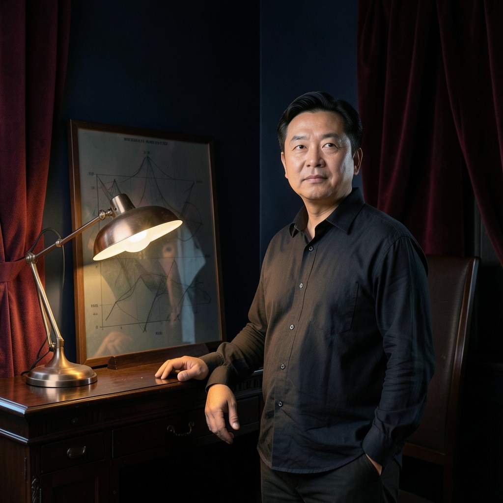 Instructor portrait beside smoked-glass charts in a velvet observatory studio
