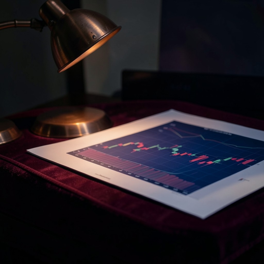 Volume profile histogram beside a candlestick chart lit by copper desk lamp