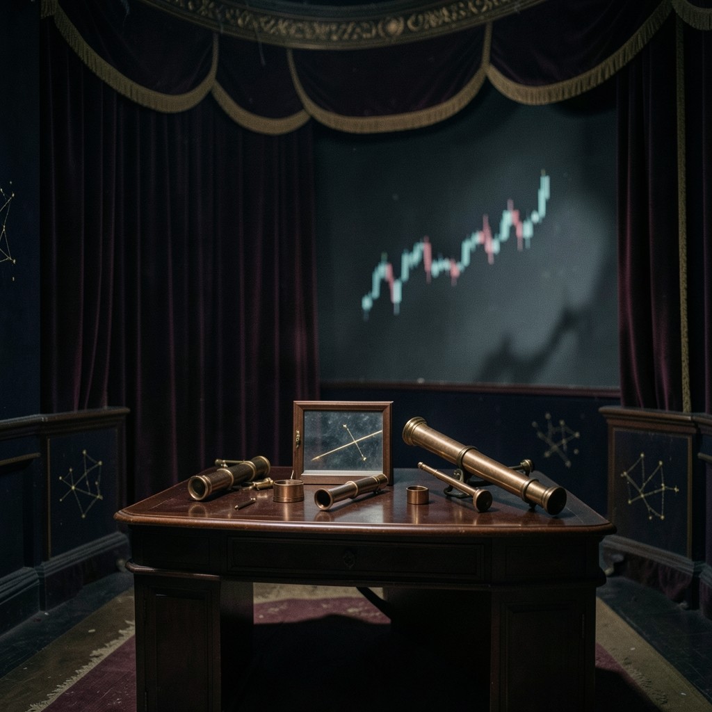 Dim velvet-walled trading studio with chart projections and copper instruments