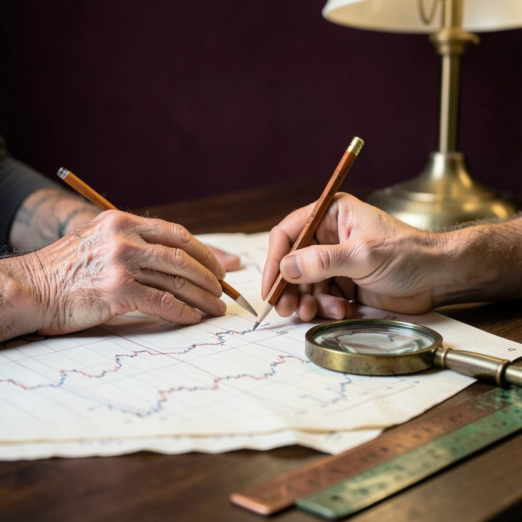 Close view of hand-drawn market structure swings on printed charts