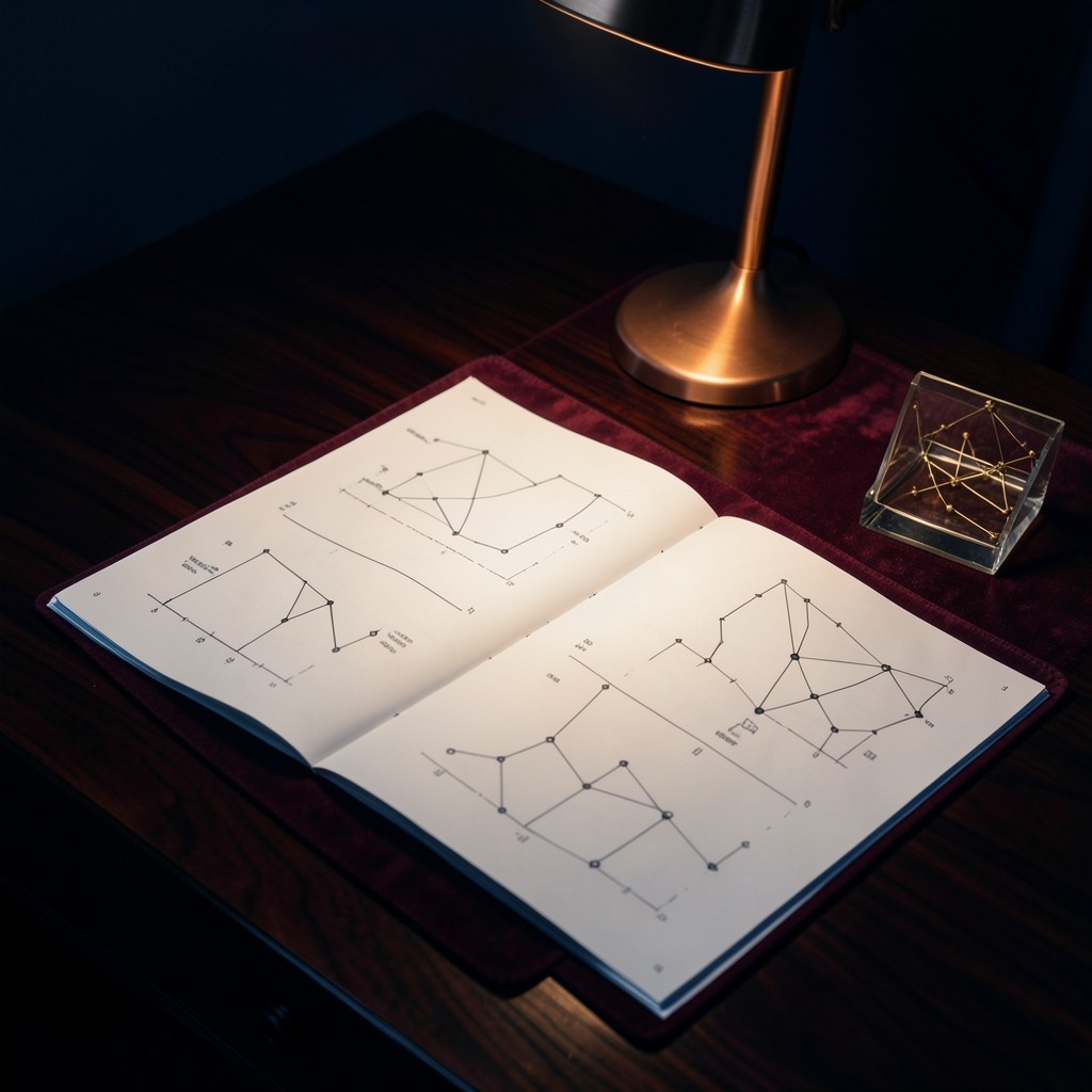 Annotated chart pack spread across a lacquered desk under warm lamp light