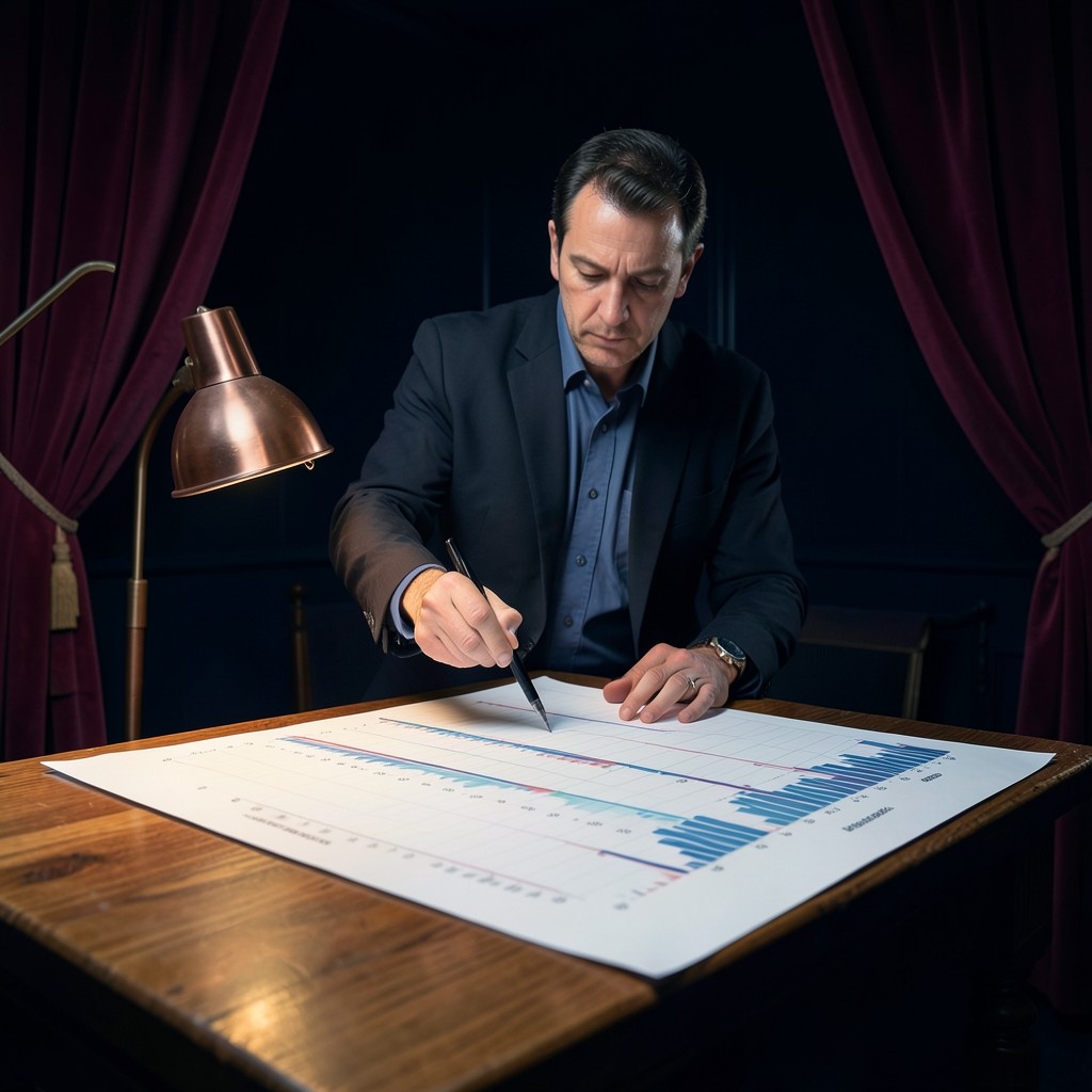 Instructor marking volume profile levels on a large chart in a dim studio