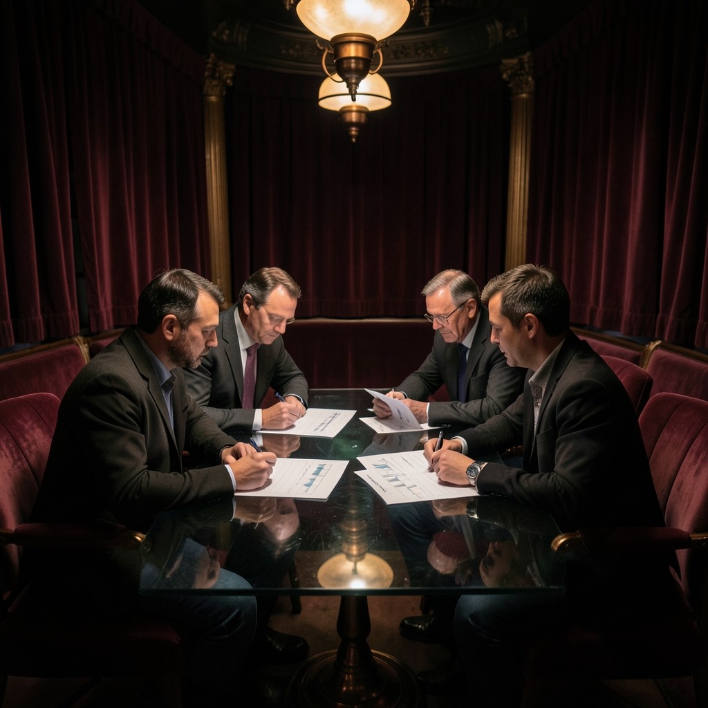 Small group gathered around a smoked-glass table studying session profiles